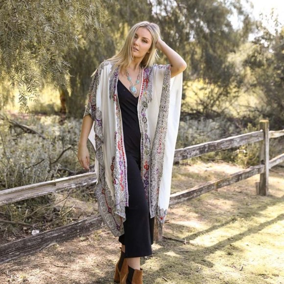 Boho Color Stitch Tapestry Multi-Color Long Kimono - Picture 1 of 3